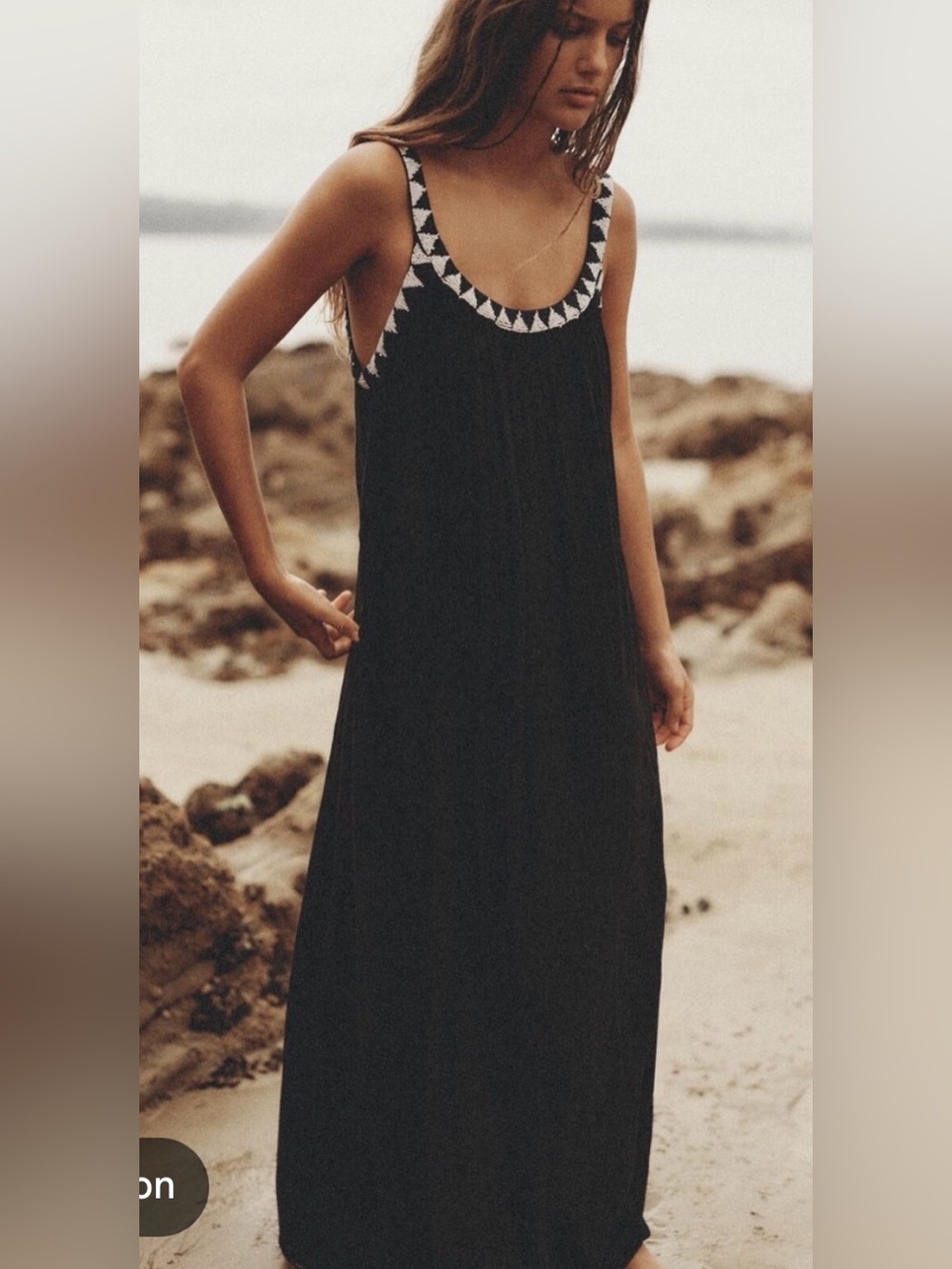 Zara Black Maxi Tank Dress with Geometric Beaded Trim